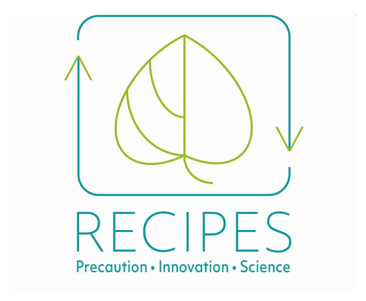 RECIPES Logo with leaf shape and process flow arrows