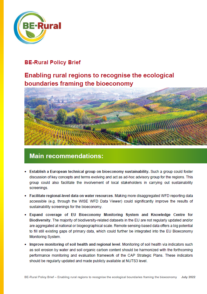 First page of the BE-Rural Policy Brief "Enabling rural regions to recognise the ecological boundaries framing the bioeconomy"
