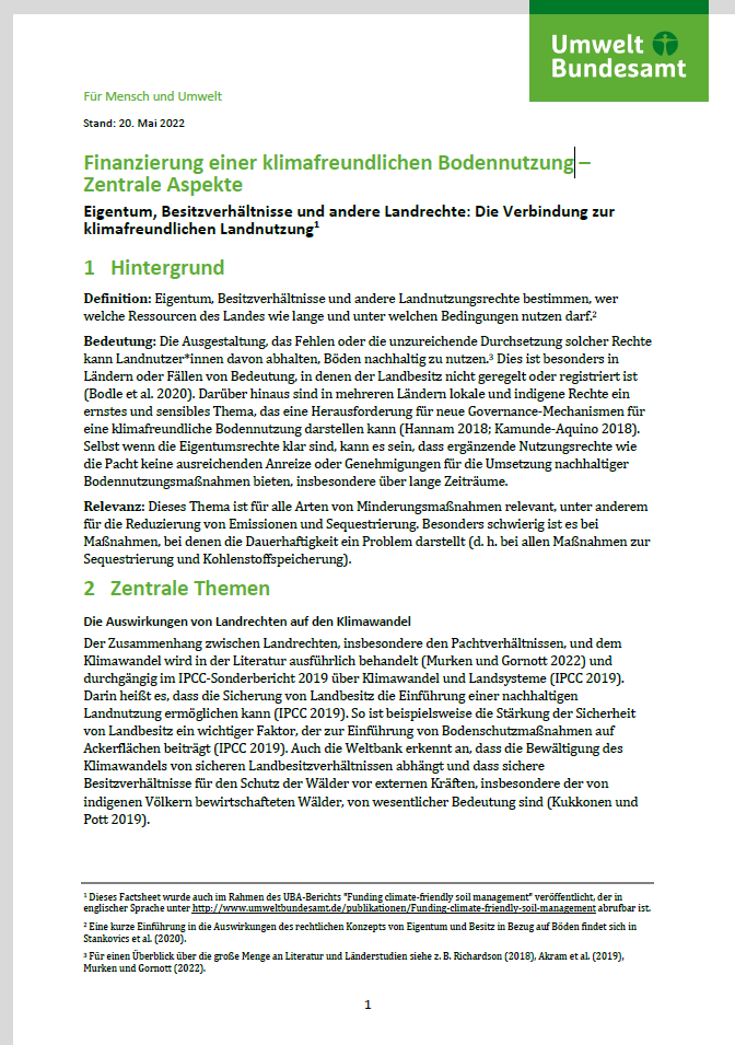 1. Seite des Factsheets "Finanzierung einer klimafreundlichen Bodennutzung – Zentrale Aspekte. Eigentum, Besitzverhältnisse und andere Landrechte: Die Verbindung zur klimafreundlichen Landnutzung"