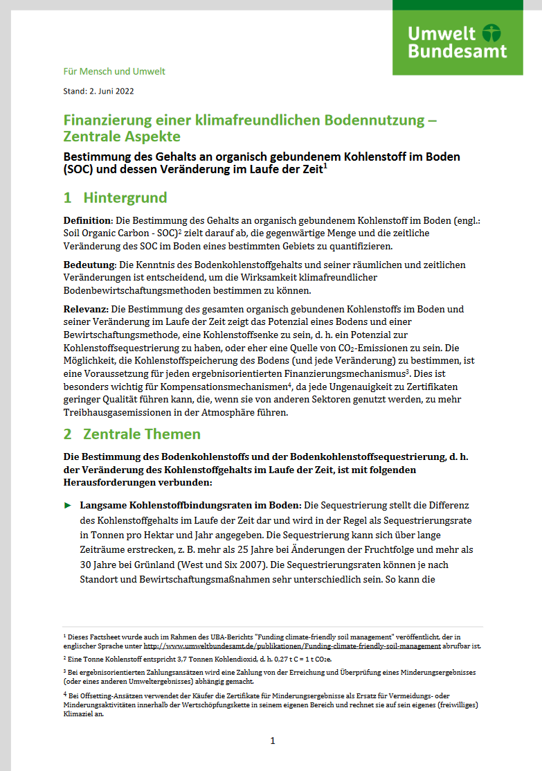 1. Seite des Factsheets "Finanzierung einer klimafreundlichen Bodennutzung – Zentrale Aspekte. Bestimmung des Gehalts an organisch gebundenem Kohlenstoff im Boden (SOC) und dessen Veränderung im Laufe der Zeit"