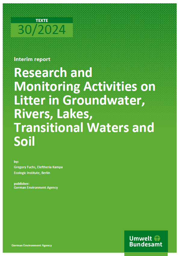 Cover page of an interim report entitled 'Research and Monitoring Activities on Litter in Groundwater, Rivers, Lakes, Transitional Waters and Soil', text number 30/2024. The report was written by Gregory Fuchs and Eleftheria Kampa of the Ecologic Institute in Berlin and published by the German Environment Agency.