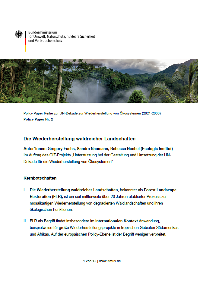 Document cover for a policy paper by the German Federal Ministry for the Environment, Nature Conservation, Nuclear Safety and Consumer Protection. The title 'Die Wiederherstellung waldreicher Landschaften' translates to 'The Restoration of Forest-rich Landscapes'. Below, the authors Gregory Fuchs, Sandra Naumann, and Rebecca Noebel.