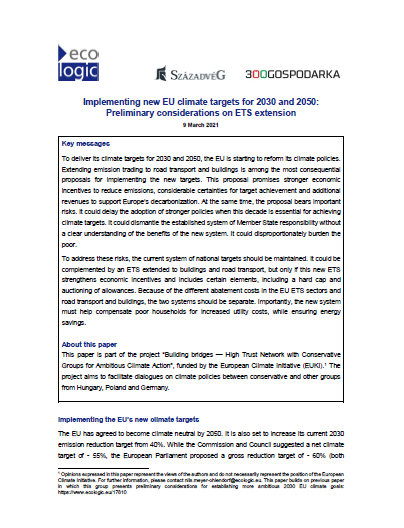 Implementing New EU Climate Targets for 2030 and 2050: Preliminary considerations on ETS extension