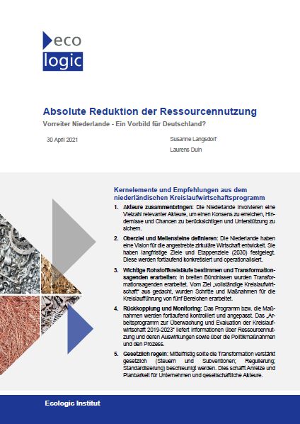 Front cover of the publication "Absolute Reduktion der Ressourcennutzung" with the key elements listed and  an image collage 