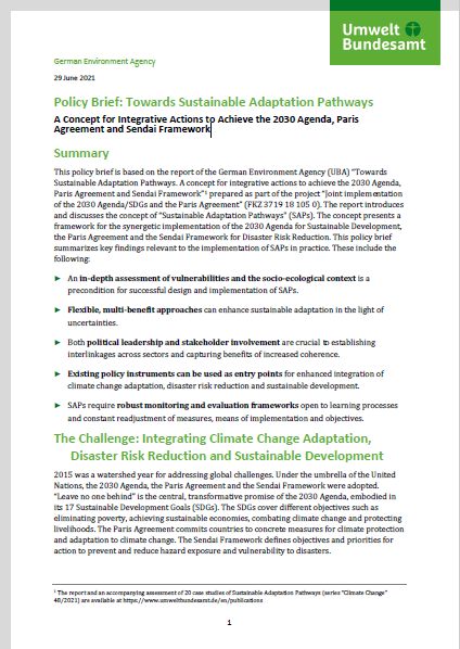 Cover of the Policy Brief: Towards Sustainable Adaptation Pathways