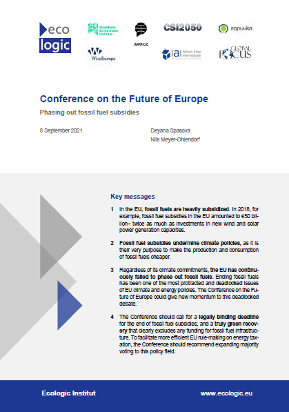 Cover of the publication "Conference on the Future of Europe Phasing out fossil fuel subsidies" with logos an key messages