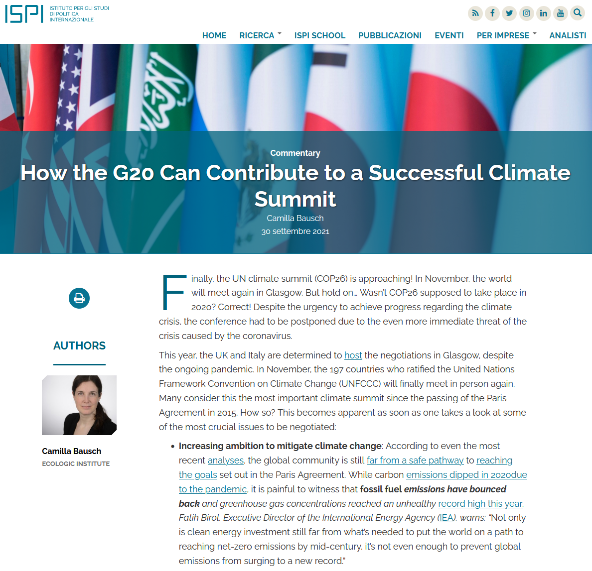 Author: Camilla Bausch, Publication: ISPI Dossier - Climate Change: A Global Fight at a Crossroads