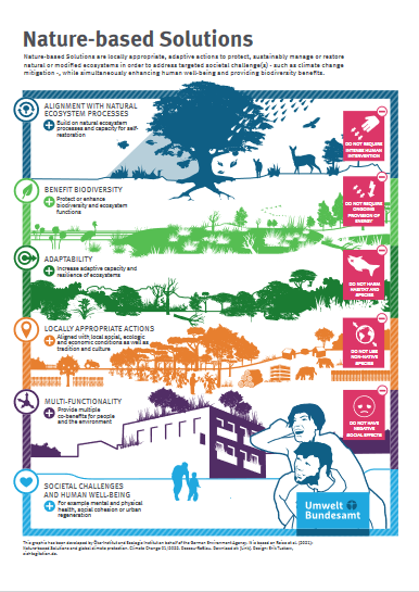 Infographic on nature-based solutions containing tress, infrastructure and people
