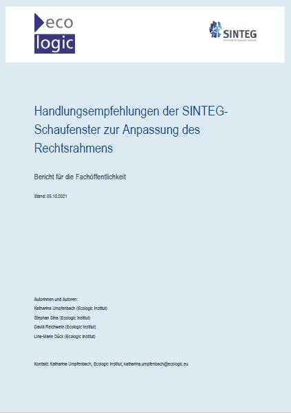 Cover of the publication "Handlungsempfehlungen der SINTEG-Schaufenster zur Anpassung des Rechtsrahmens. Bericht für die Fachöffentlichkeit"