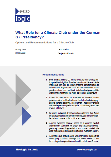 Cover of the policy brief "What Role for a Climate Club under the German G7 Presidency? Options and Recommendations for a Climate Club"
