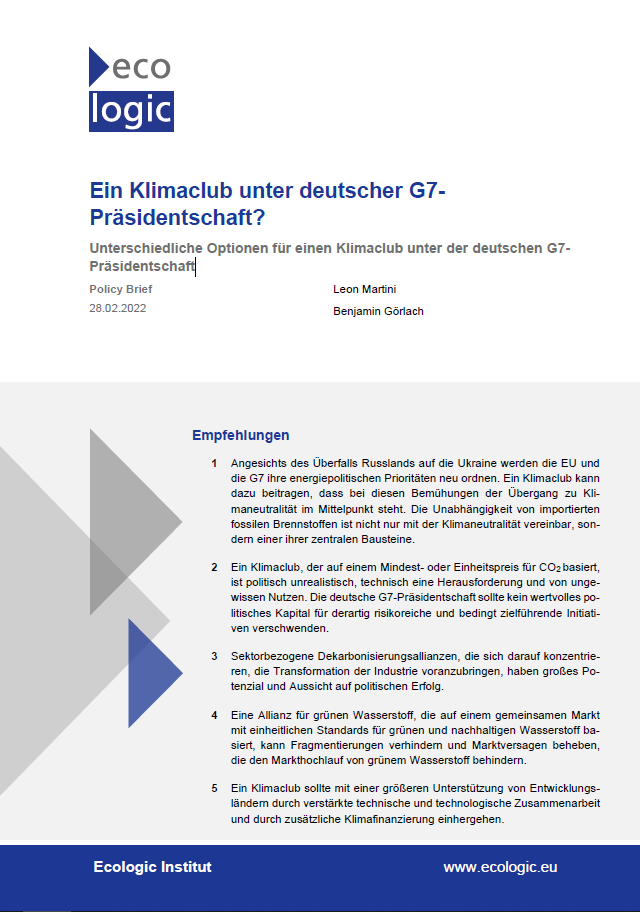 Cover des Policy Briefs "Ein Klimaclub unter deutscher G7-Präsidentschaft? Unterschiedliche Optionen für einen Klimaclub unter der deutschen G7- Präsidentschaft"