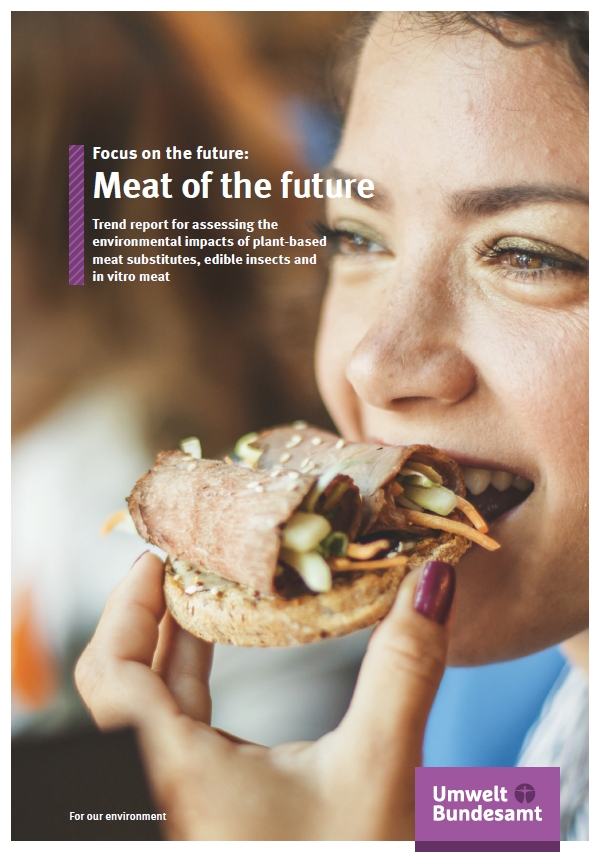 Cover of the publication with a girl biting into a bun topped with meat substitutes and vegetables.