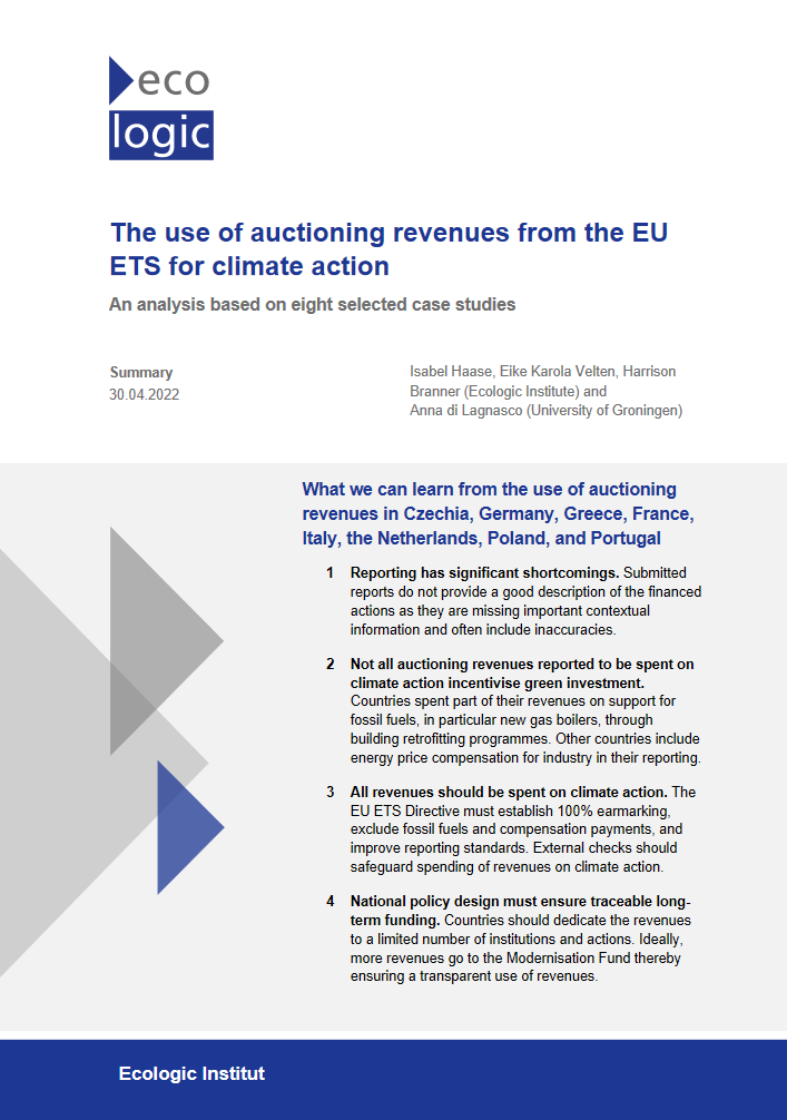 Cober of the summary "The use of auctioning revenues from the EU ETS for climate action"
