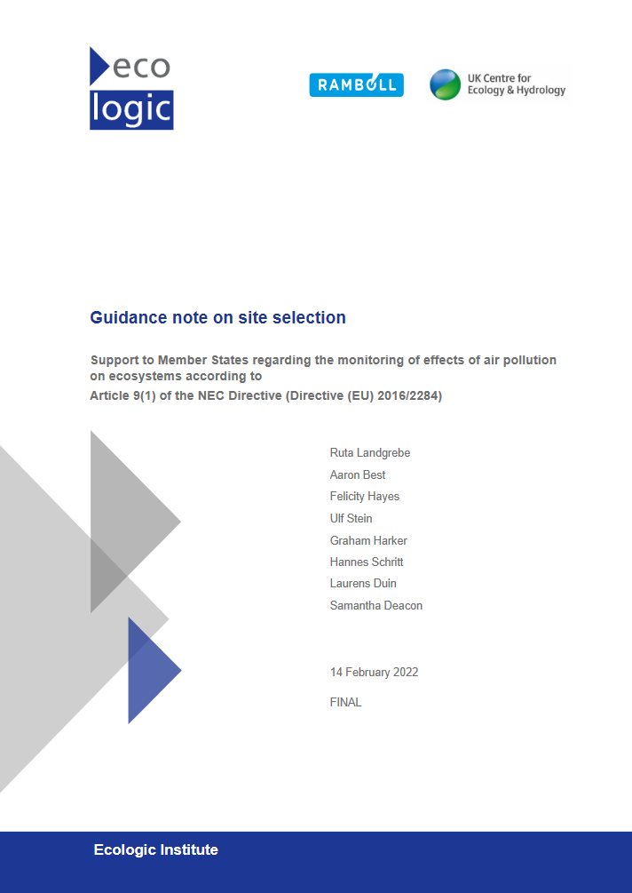 Cover of the Report "Guidance note on site selection. Support to Member States regarding the monitoring of effects of air pollution on ecosystems according to Article 9(1) of the NEC Directive (Directive (EU) 2016/2284)"