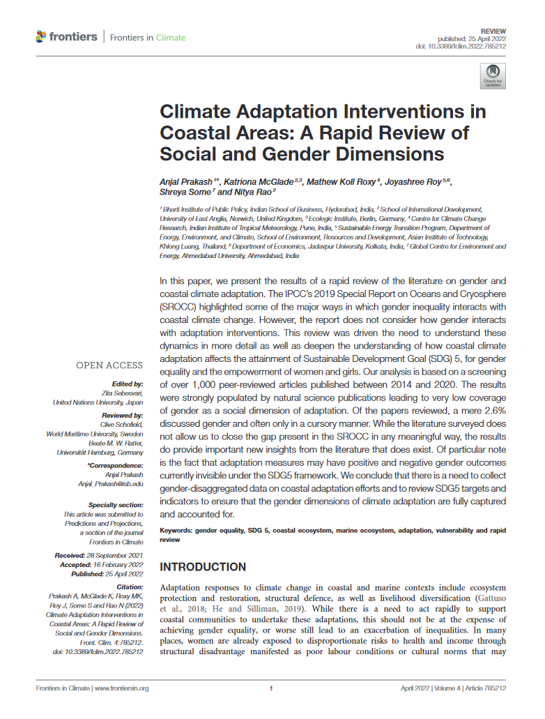 Screenshot of the 1st page of the article "Climate Adaptation Interventions in Coastal Areas: A Rapid Review of Social and Gender Dimensions"