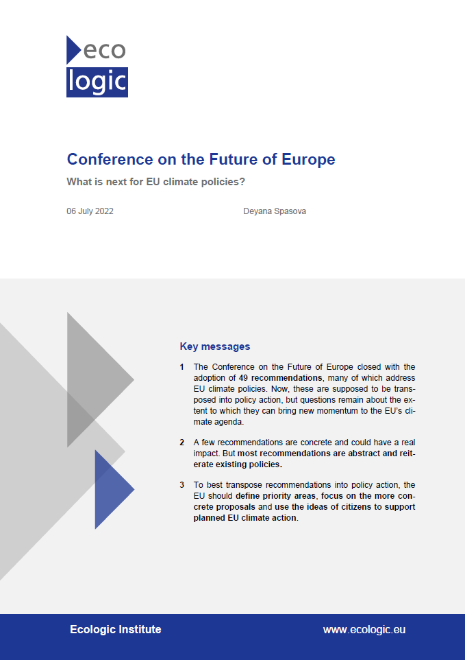 Cover of the paper "Conference on the Future of Europe. What is next for EU climate policies? with logo and key messsages