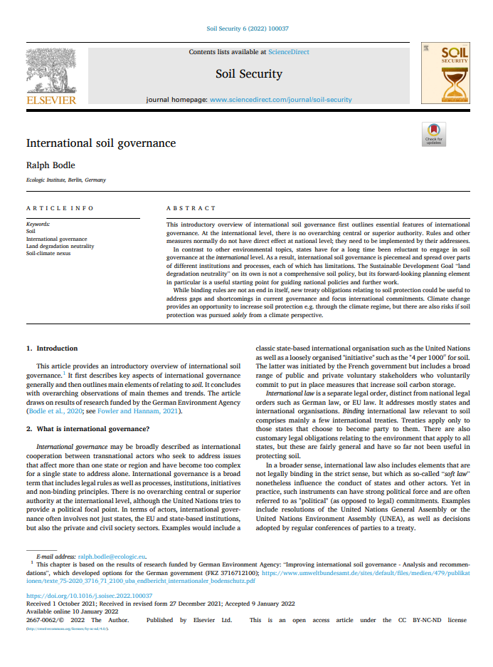 Screen shot of the Article International Soil Governance