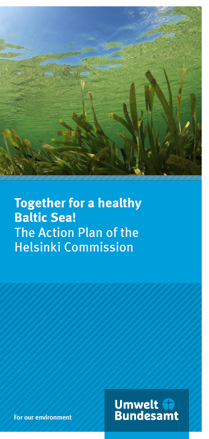 flyer's 1st page with the titel "Together for a healthy Baltic Sea! The Action Plan of the Helsinki Commission", UBA logo and an under water shot with green sea grass and clear blue water above