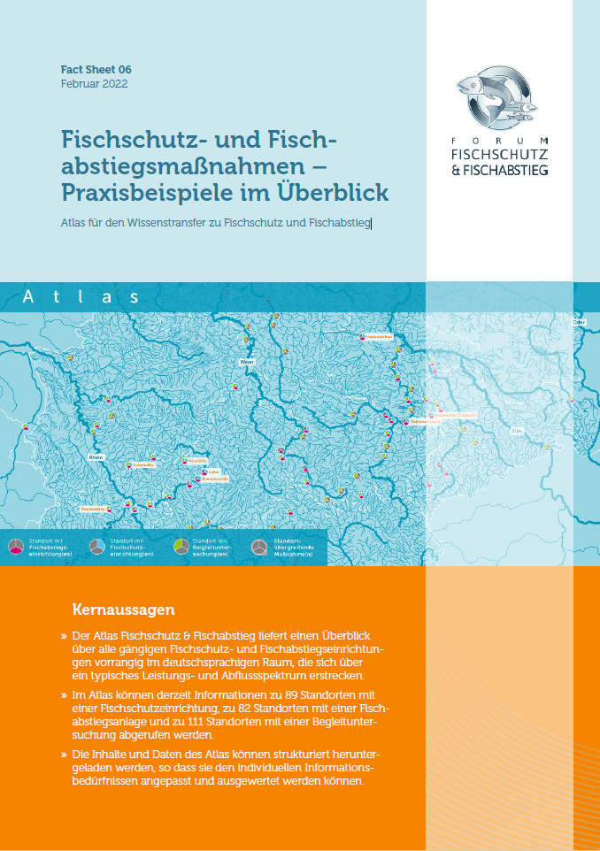 Cover of the Fact sheet "Fischschutz- und Fischabstiegsmaßnahmen - Praxisbeispiele im Überblick" with a site map and the key messages