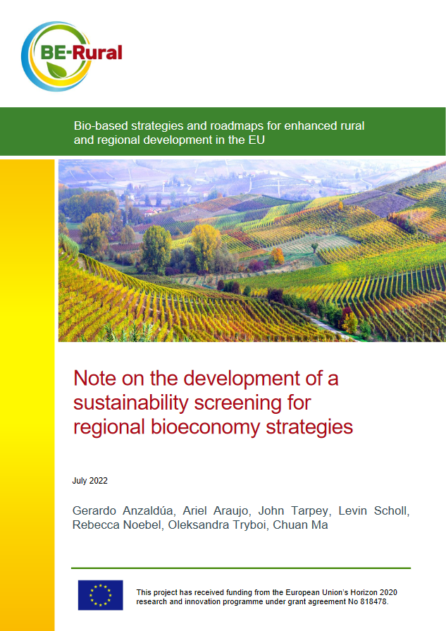 cover of the BE-RURAL deliverable "Note on the development of a sustainability screening for regional bioeconomy strategies"
