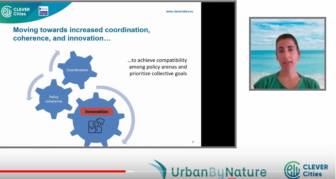 Screenshot of the webinar "Mainstreaming Nature-based Solutions Enhancing local policy coordination and coherence" with a presentation slide an d McKenna Davis speaking