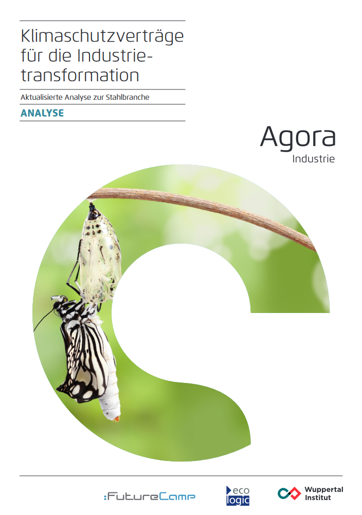 Cover of the updated analysis "Klimaschutzverträge für die Industrie- transformation Aktualisierte Analyse zur Stahlbranche"