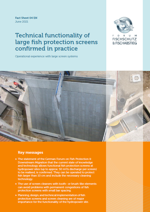 Cover of the Fact Sheet "Technical functionality of large fish protection screens confirmed in practice"
