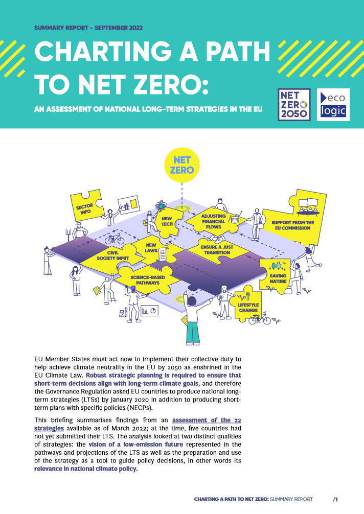 first page of the summary "CHARTING A PATH TO NET ZERO: AN ASSESSMENT OF NATIONAL LONG-TERM STRATEGIES IN THE EU"