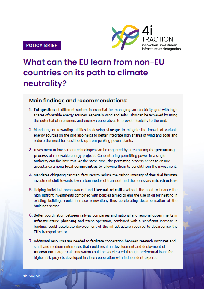 first page of the policy brief "What can the EU learn from non-EU countries on its path to climate neutrality?" with the main findings and recommendations