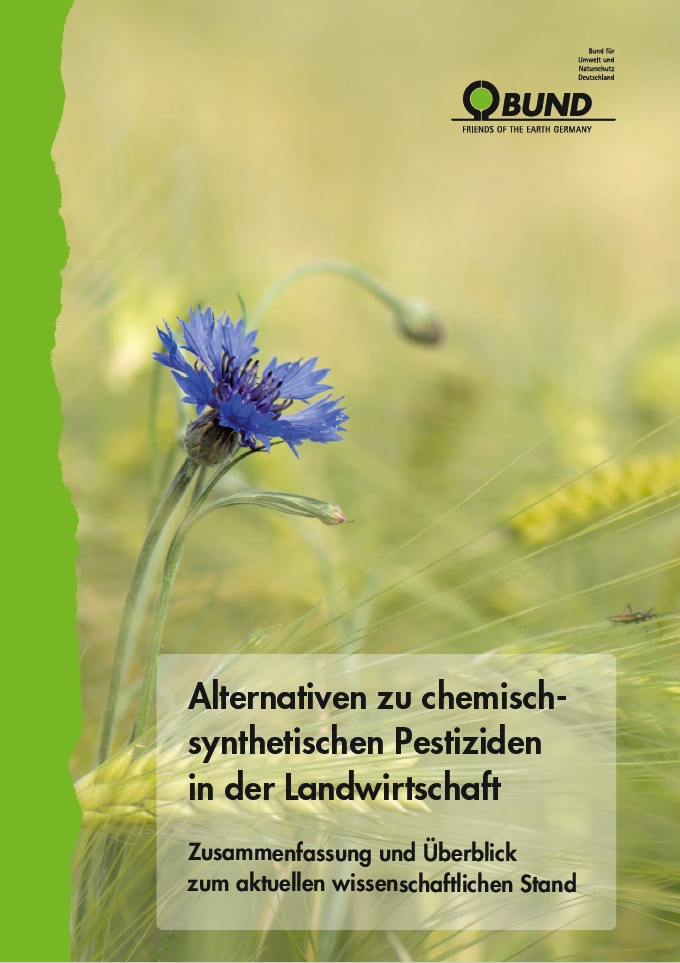 Cover of the study "Alternativen zu chemisch-synthetischen Pestiziden in der Landwirtschaft. Zusammenfassung und Überblick zum aktuellen wissenschaftlichen Stand", with logo of BUND. Background image: Cornflower in a grain field