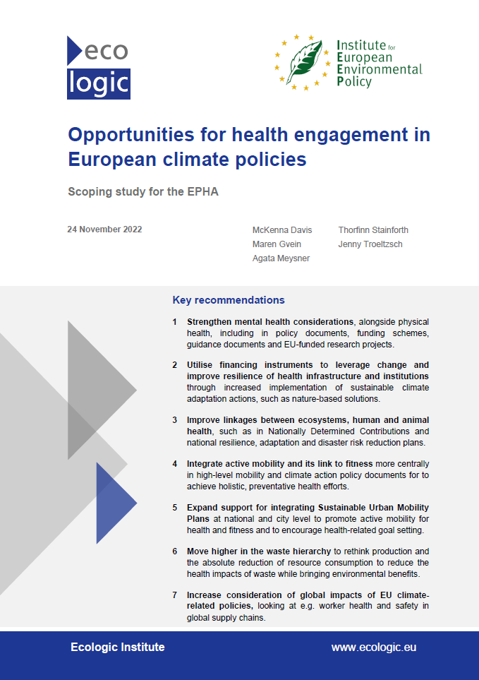 first page of the report "Opportunities for health engagement in European climate policies Scoping study for the EPHA" with logos and the key recommendations