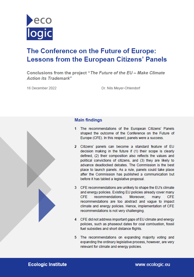 Cover page of the document "The Conference on the Future of Europe: Lessons from the European Citizens’ Panels Conclusions from the project “The Future of the EU – Make Climate Action its Trademark”"