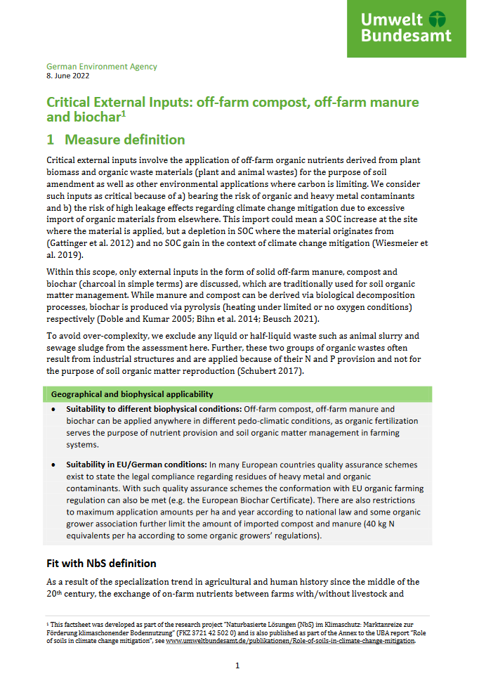 cover of the fact sheet "Critical External Inputs: off-farm compost, off-farm manure and biochar"