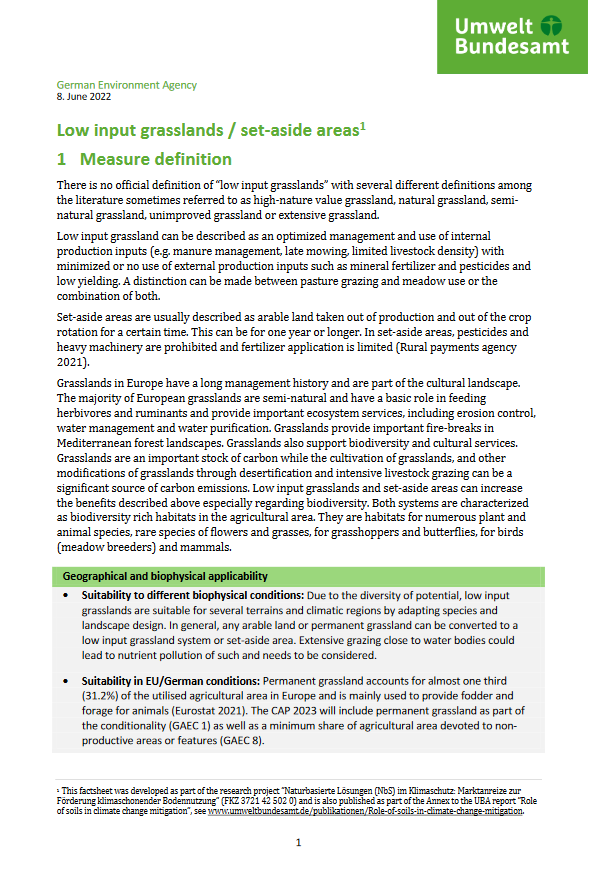 Cover of the fact sheet "Low input grasslands / set-aside areas"