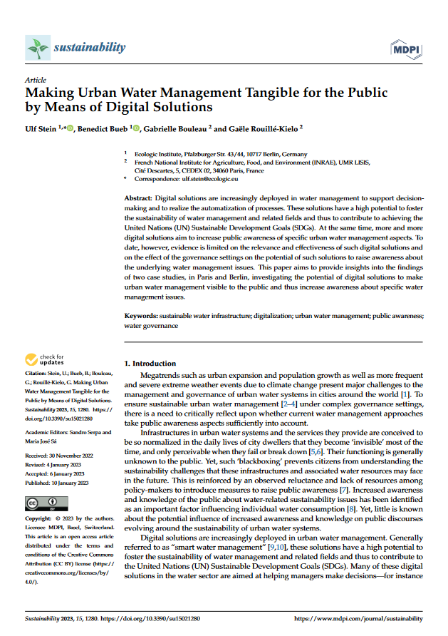 1st page of the article "Making Urban Water Management Tangible for the Public by Means of Digital Solutions"