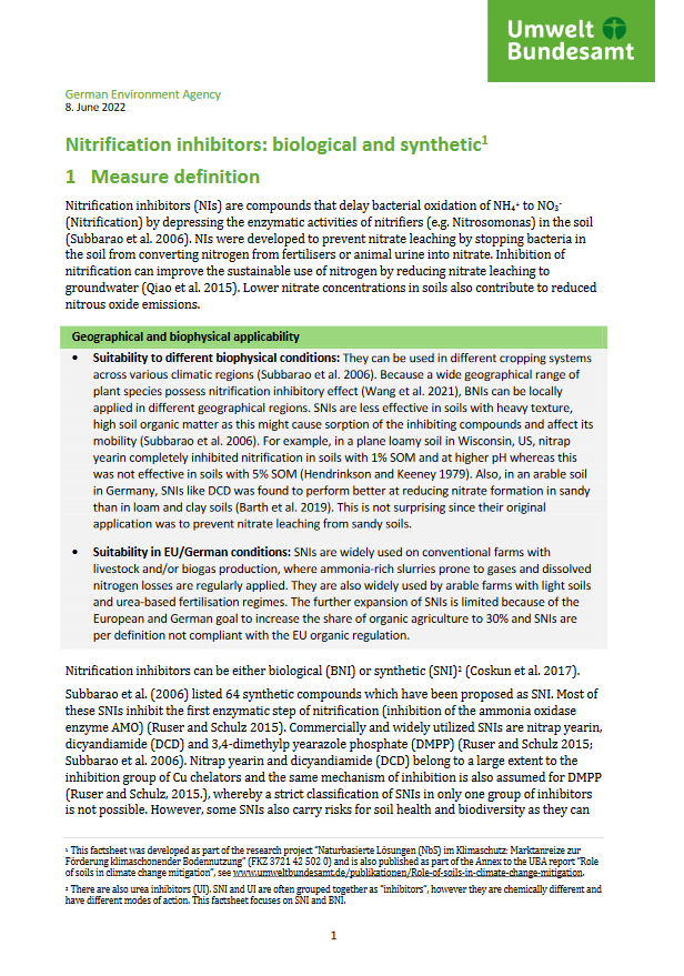 1st page of the fact sheet "Nitrification inhibitors: biological and synthetic"