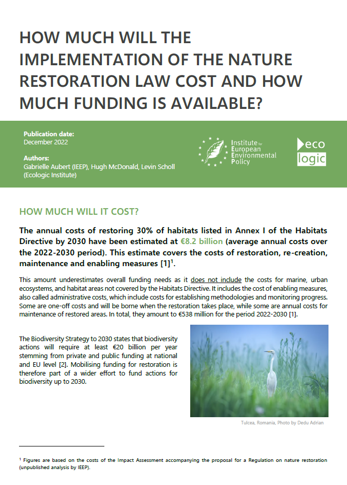 Cover of the policy brief"How much will the implementation of the Nature Restoration Law cost and how much funding is available?"