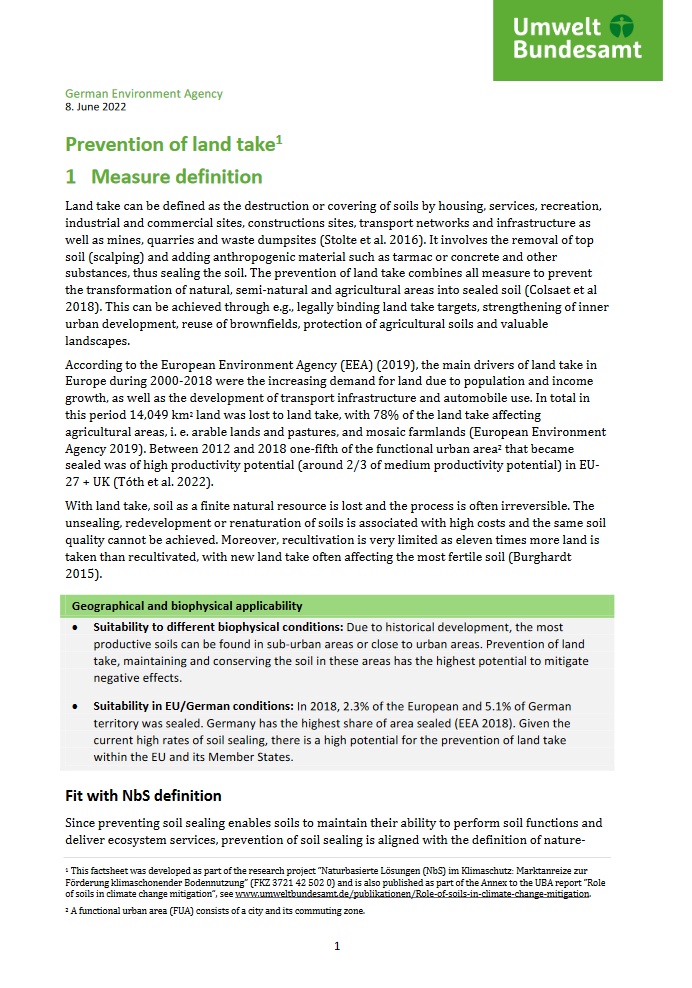 1st page of the fact sheet "Prevention of land take"