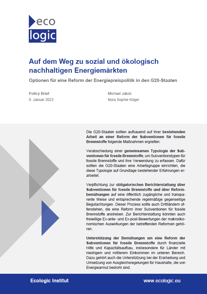 Cover des policy briefs "Auf dem Weg zu sozial und ökologisch nachhaltigen Energiemärkten. Optionen für eine Reform der Energiepreispolitik in den G20-Staaten."