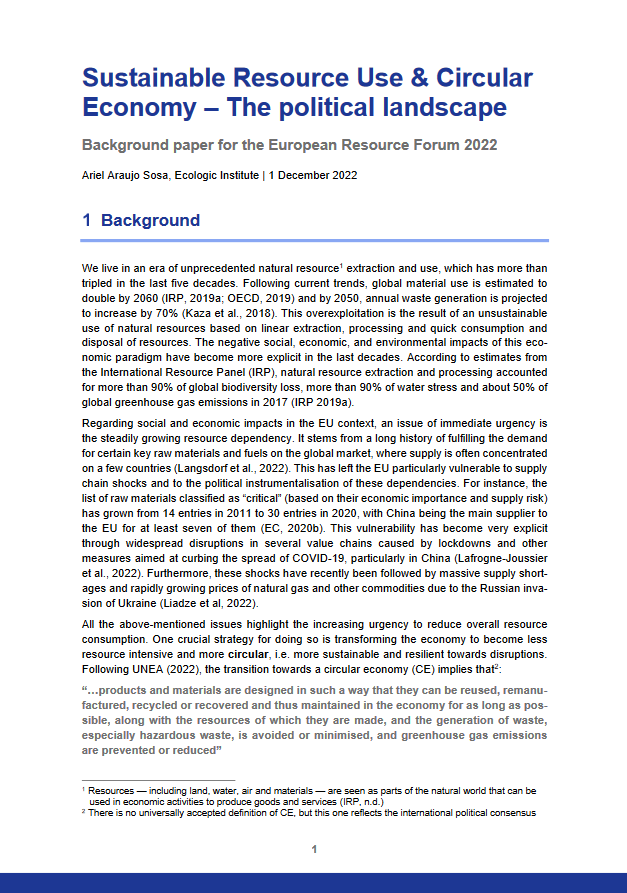 1st page of the Background paper for the European Resource Forum 2022 "Sustainable Resource Use & Circular Economy – The political landscape"