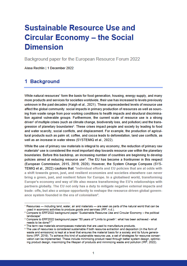 first page of the Background paper for the European Resource Forum 2022 "Sustainable Resource Use and Circular Economy – the Social Dimension"