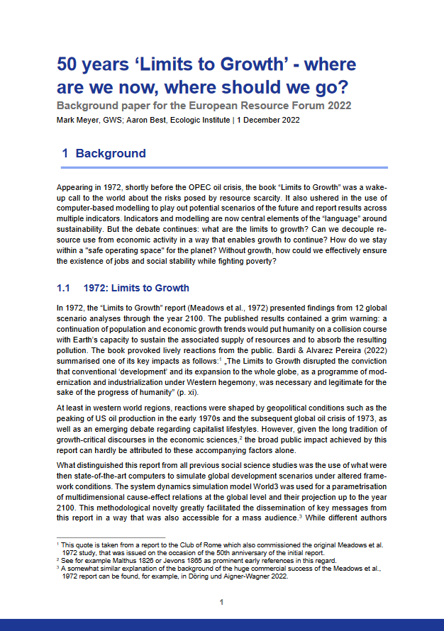 1st page of the Background paper for the European Resource Forum 2022 "50 years 'Limits to Growth' – where are we now, where should we go?"