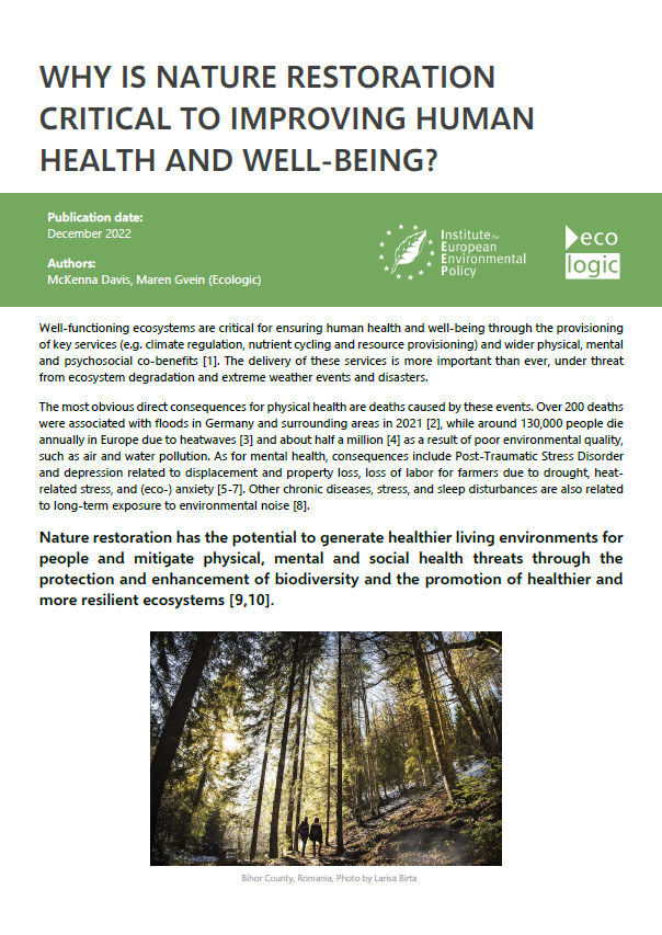 1st page of the policy brief "Why is nature restoration critical to improving human health and well-being?"