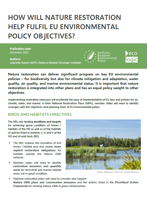 1st page of the policy brief "How will nature restoration help fulfil EU environmental policy objectives?"