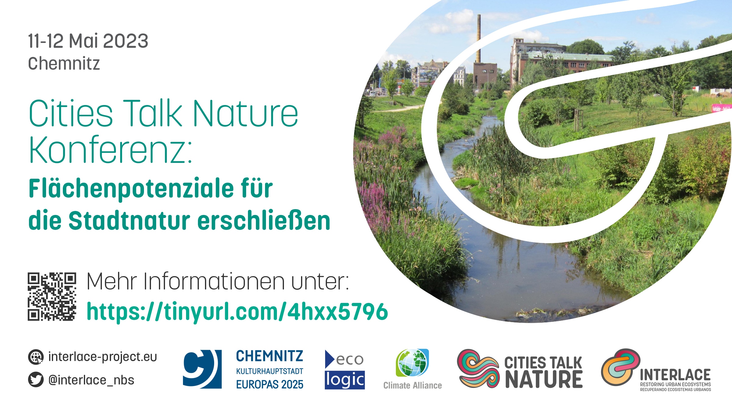Social Media Karte der Veranstaltung  „Cities Talk Nature Europe“ am 11. und 12. Mai 2023. Im Hintergrund ein grünes Flussufer in der Stadt Chemnitz, Deutschland.