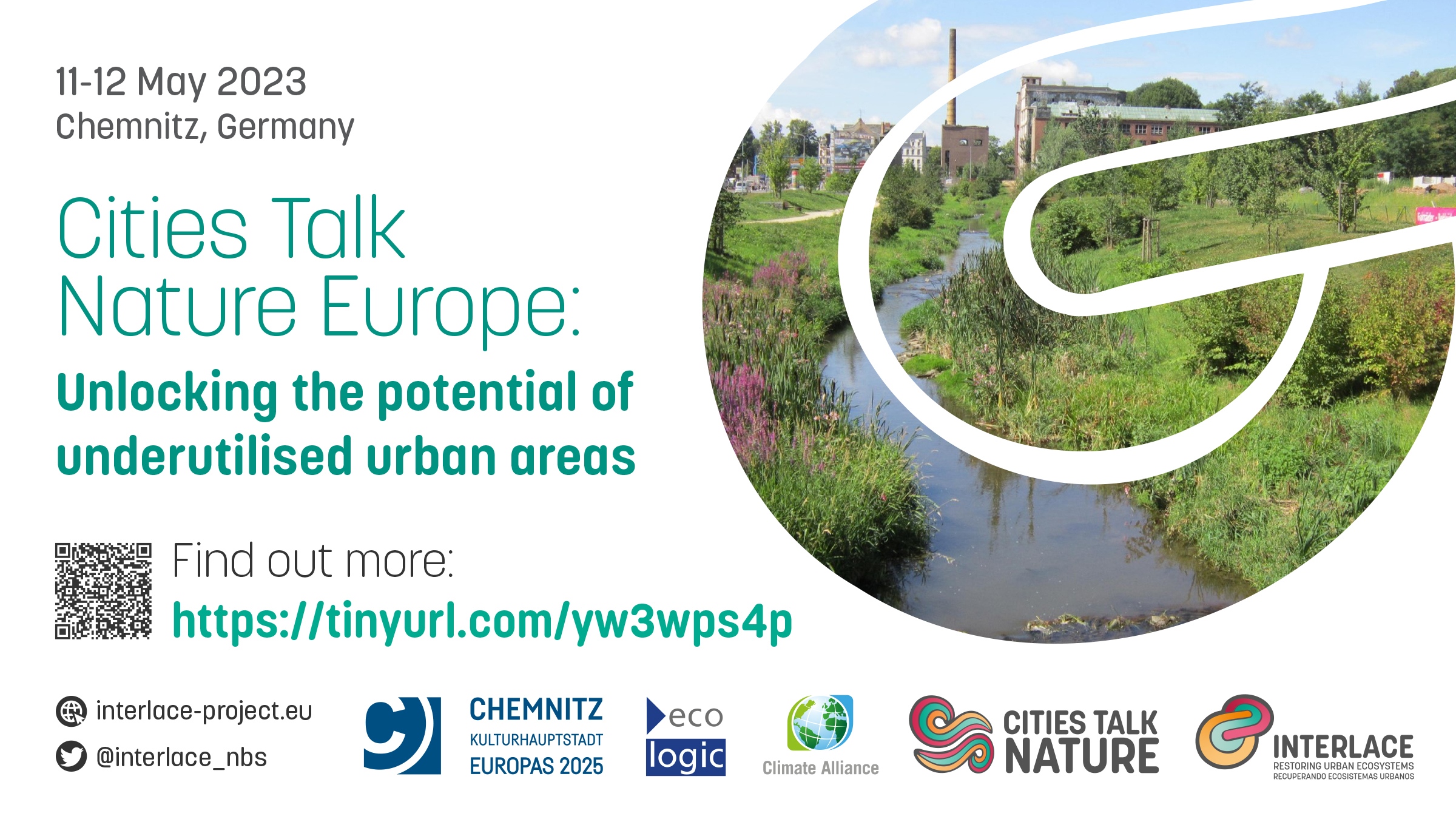 Social Media Card of the Event "Cities Talk Nature Europe" on 11 and 12 May 2023. In the Background a green riverbank in the City of Chemnitz, Germany