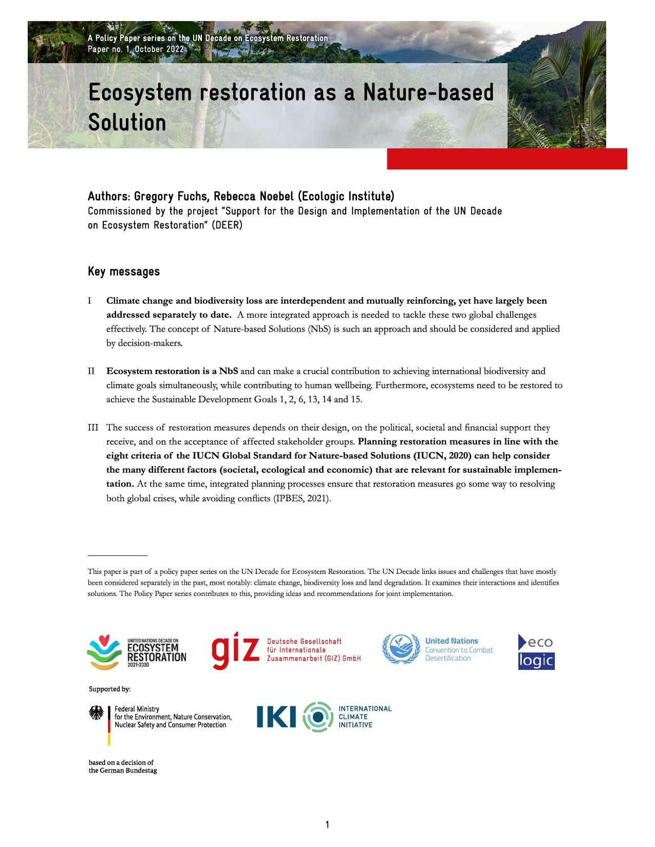 Cover Page of Policy Brief on: Ecosystem restoration as a Nature-based Solution with Key Messages
