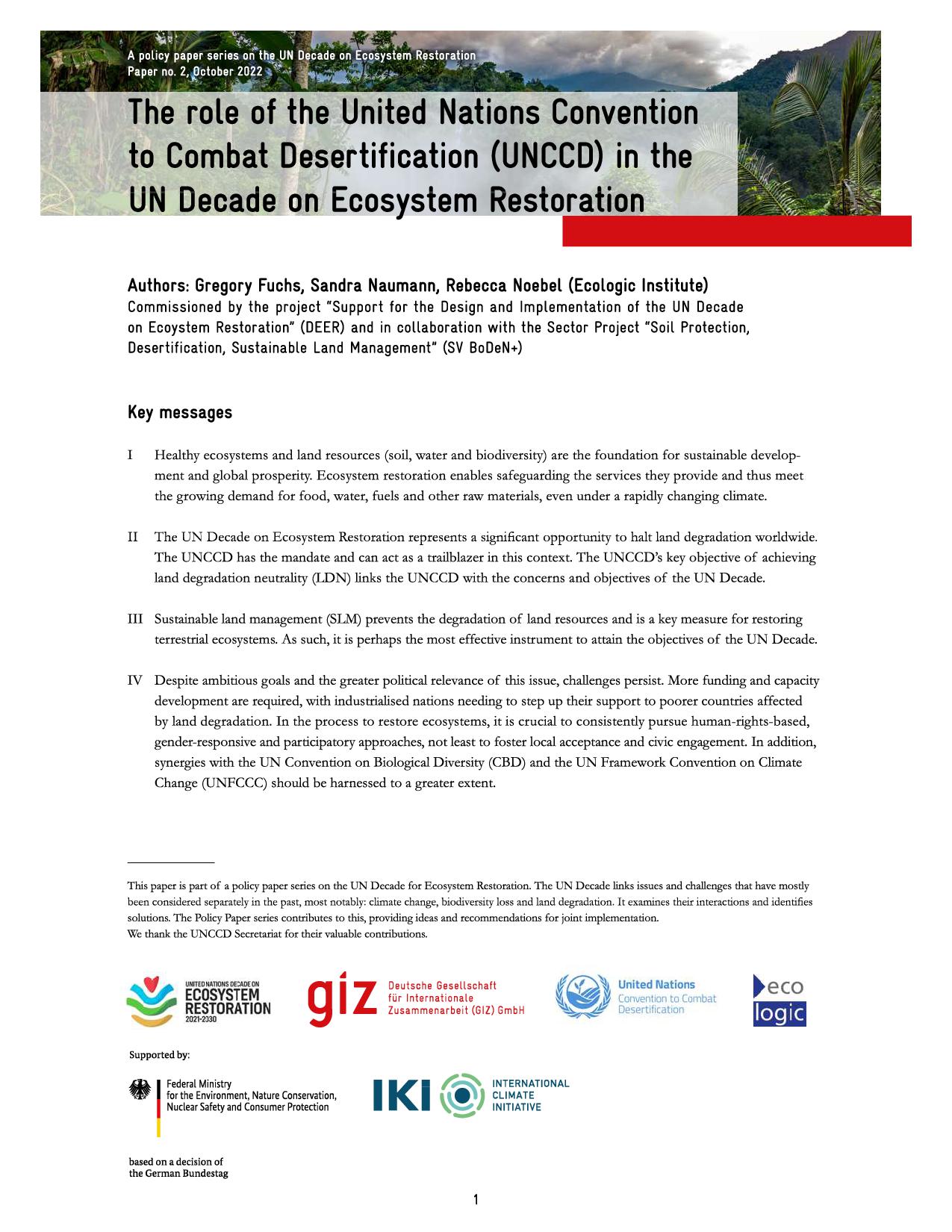 Cover Page of Policy Brief: "The role of the United Nations Convention to Combat Desertification (UNCCD) in the UN Decade on Ecosystem Restoration" with Key Messages