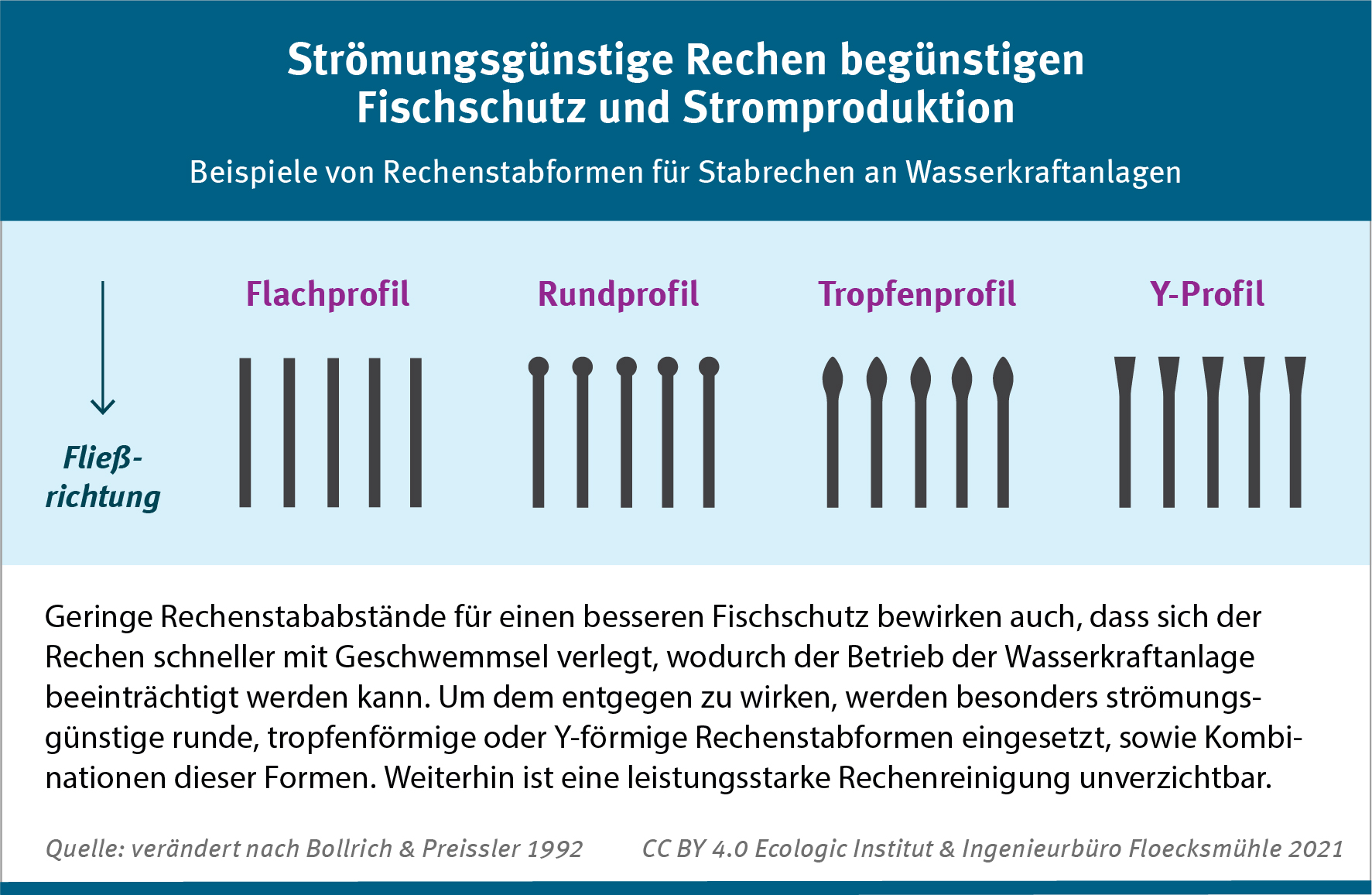 Die Infografik zeigt Reinigungselemente von Rechenreinigungsmaschinen. Diese können entweder als zwischen die Stäbe fassende Harken ausgeführt sein, oder als Bürsten bzw. Kunststoffleisten, die eher auf der Stabaußenseite aufsitzen und dort entlangstreifen.