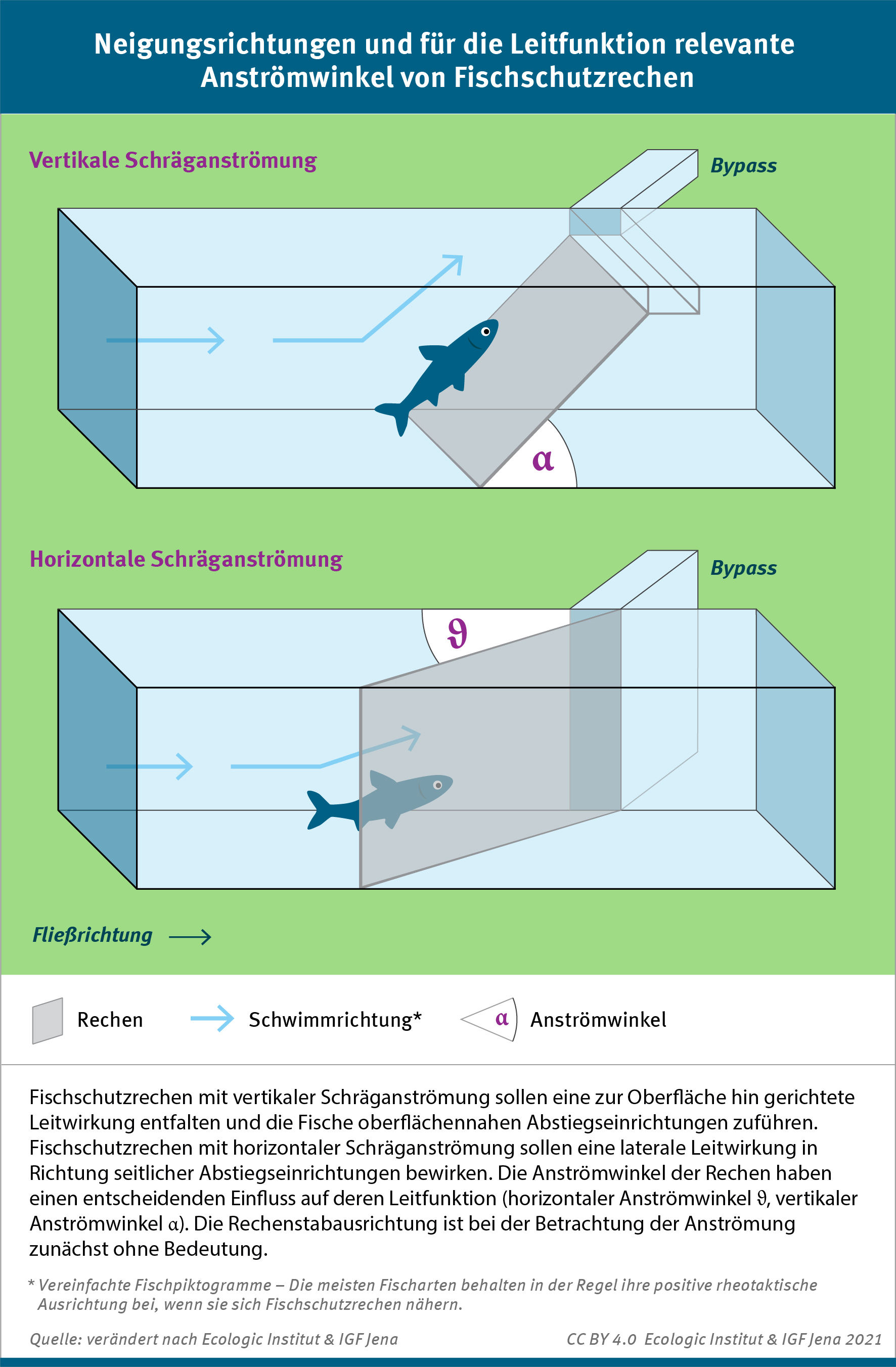 Die INfografik zeigt die Unterschiede zwischen horizontaler und vertikaler Schräganströmung an Fischschutzrechen